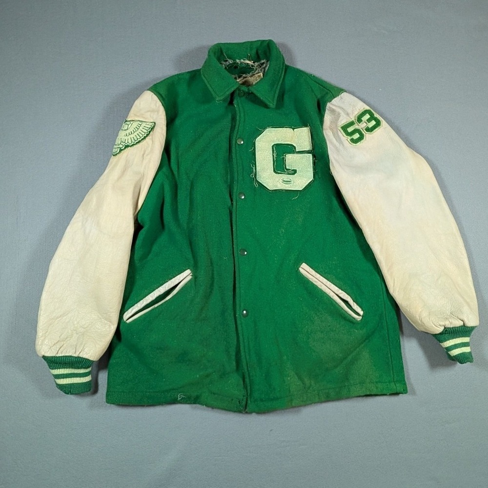 Deerfoot Varsity Jacket Mens XL Green Wool Leather Sleeve Vintage 50s Letterman
